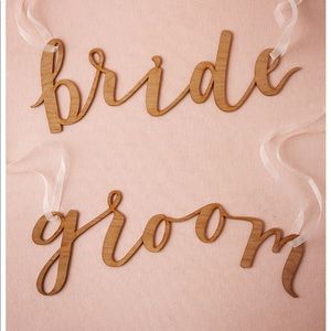 Lot - BHLDN wooden bride/groom signs plus 2 cards